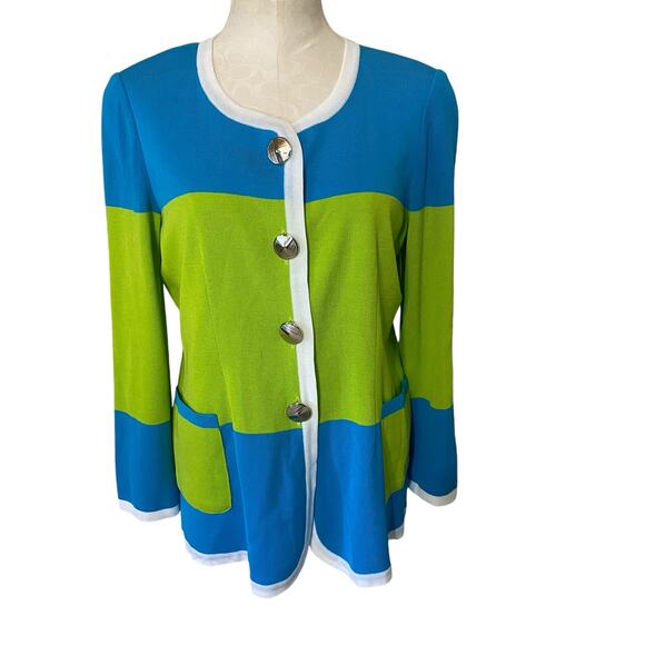 Exclusively Misook Blue Green Colorblock Long Sleeve Cardigan Sweater Size M - Picture 2 of 10